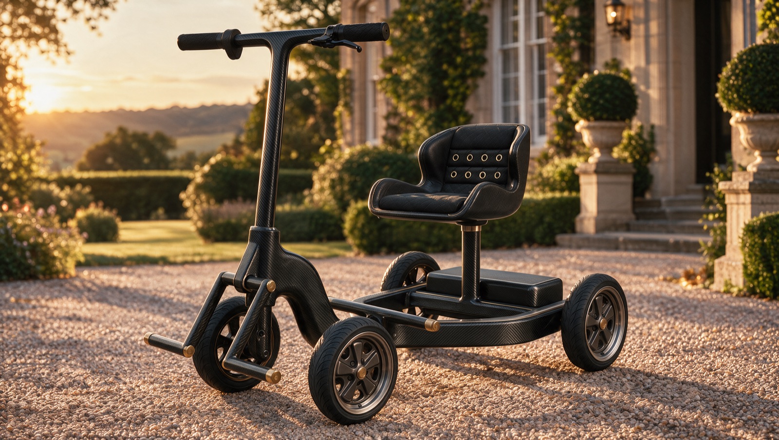 Biovelo BV-Q1 Quad, four-wheel carbon fibre scooter, on a gravel drive