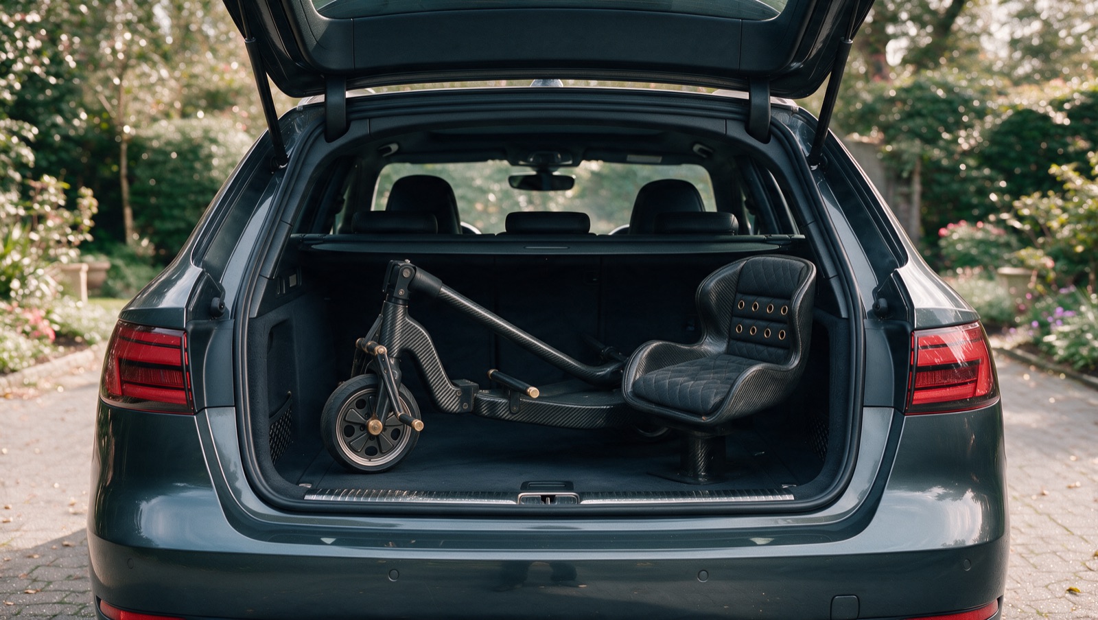 Folded Biovelo Trike and its seat in the boot of an estate car