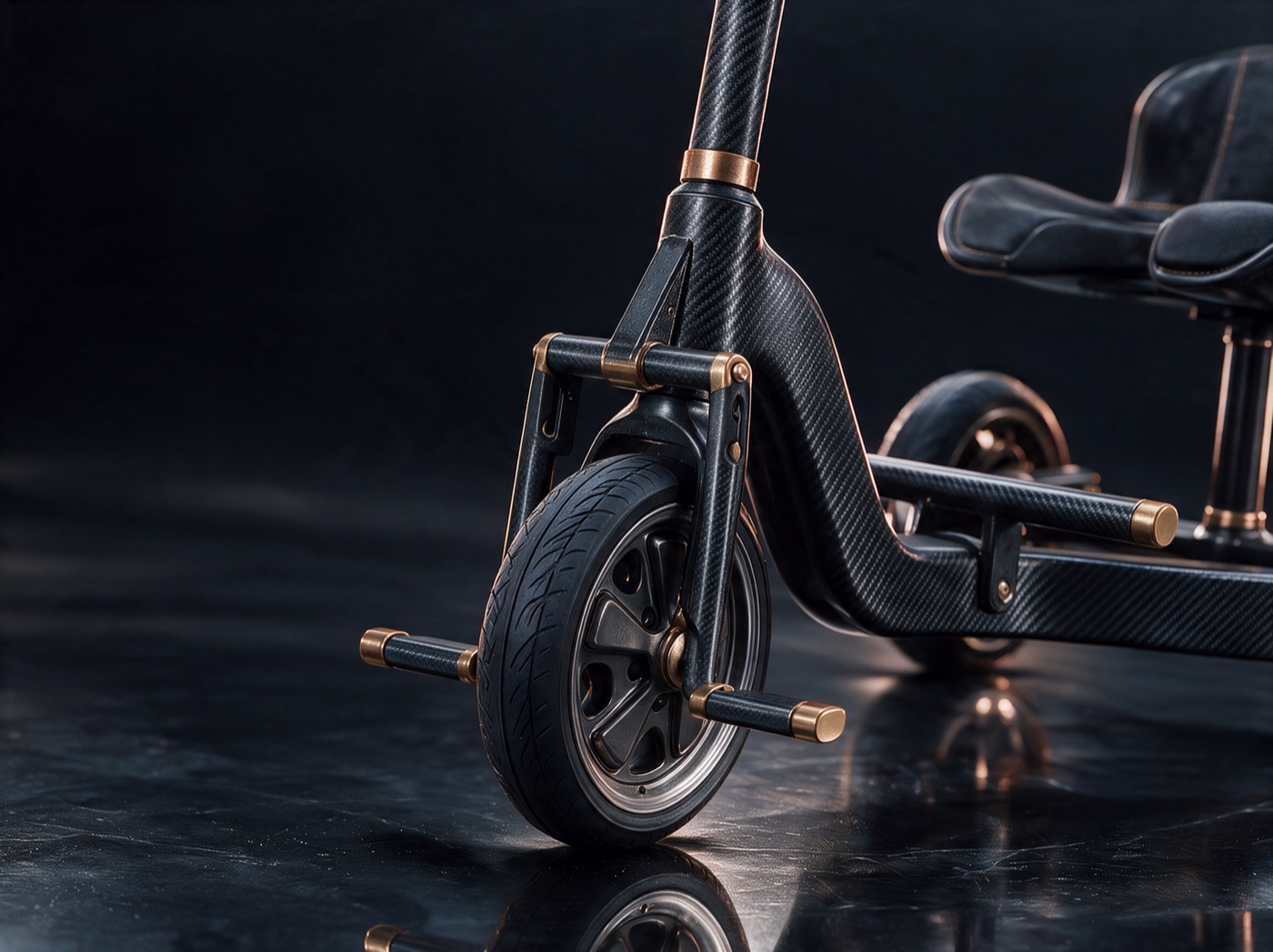 Close-up of the carbon fibre front fork, brass fittings and fold-out footpegs